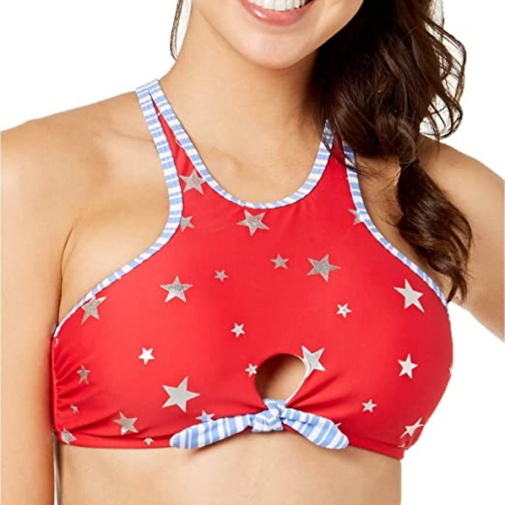 California Waves High Neck Bikini Swimsuit Top Criss Cross Back Medium New 4/25